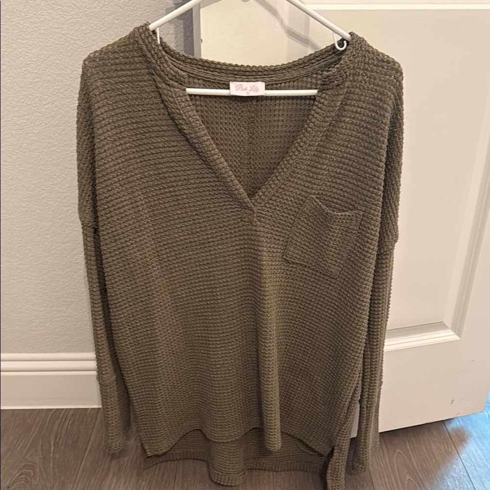 Pink Lily Olive Green V-Neck Sweater Relaxed Fit